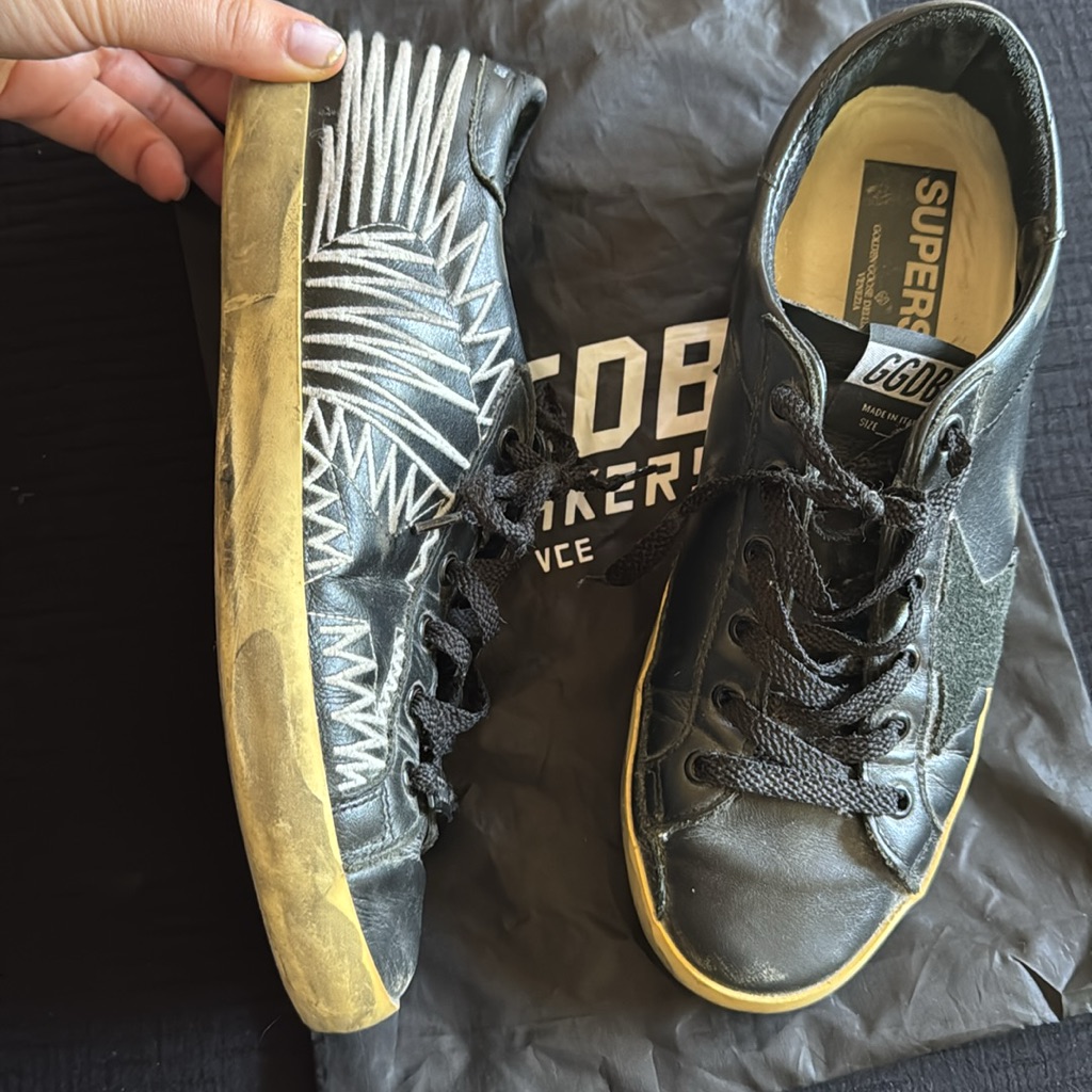 Golden Goose Superstar Black Leather Sneakers White Stitch Ggdb Size 41 10